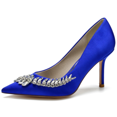 Royal Blue Satin Crystal Flowers Pointed Toe Stiletto Heel Pumps
