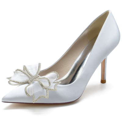 Silver Satin Crystals Bow Wedding Heels Closed-Toe Stiletto Bridal Pumps