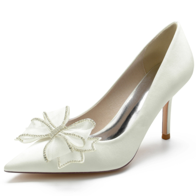 Ivory Satin Crystals Bow Wedding Heels Closed-Toe Stiletto Bridal Pumps