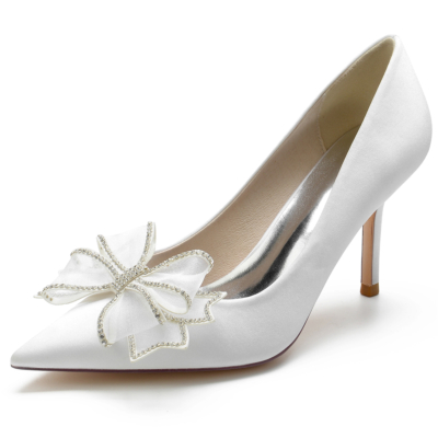 Satin Crystals Bow Wedding Heels Closed-Toe Stiletto Bridal Pumps