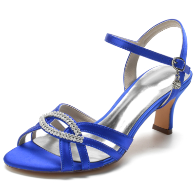 Royal Blue Satin Cut out Peep Toe Slingback Spool Low Heel Wedding Sandals