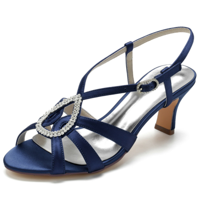 Navy Satin Cutout Sandals with Rhinestones Middle Heels for Wedding