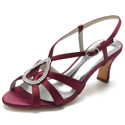 Burgundy Satin Cutout Sandals with Rhinestones Middle Heels for Wedding