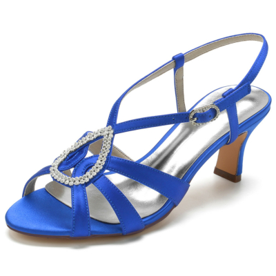 Royal Blue Satin Cutout Sandals with Rhinestones Middle Heels for Wedding