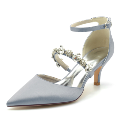 Grey Satin D'orsay Pumps Wedding Kitten Heels Shoes With Crystal Strap-style9