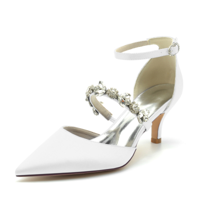 White Satin D'orsay Pumps Wedding Kitten Heels Shoes With Crystal Strap