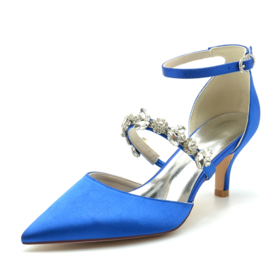 Royal Blue Satin D'orsay Pumps Wedding Kitten Heels Shoes With Crystal Strap
