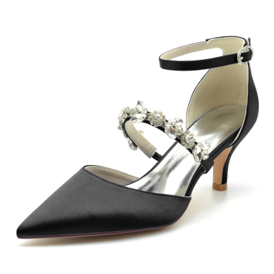 Black Satin D'orsay Pumps Wedding Kitten Heels Shoes With Crystal Strap