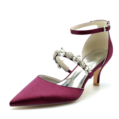 Burgundy Satin D'orsay Pumps Wedding Kitten Heels Shoes With Crystal Strap