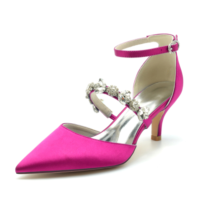 Fuchsia Satin D'orsay Pumps Wedding Kitten Heels Shoes With Crystal Strap