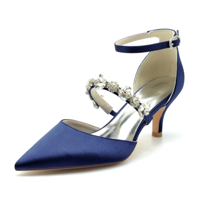 Navy Satin D'orsay Pumps Wedding Kitten Heels Shoes With Crystal Strap