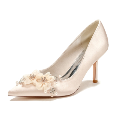 Champagne Satin Flower Bridal Pumps Low Heels Shoes For Wedding
