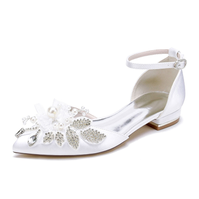 White Satin Flowers Pointed Toe Ankle Strap Flat Wedding Shoes
