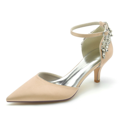 Champagne Satin Jeweled Ankle Strap D'orsay Heels Kitten Heel Pumps Shoes