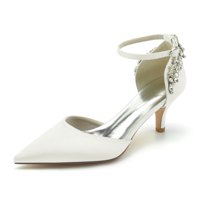 Ivory Satin Jeweled Ankle Strap D'orsay Heels Kitten Heel Pumps Shoes