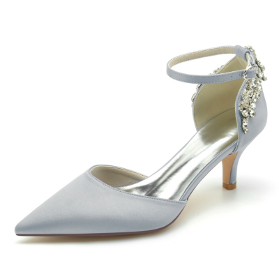 Grey Satin Jeweled Ankle Strap D'orsay Heels Kitten Heel Pumps Shoes