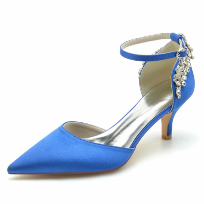 Royal Blue Satin Jeweled Ankle Strap D'orsay Heels Kitten Heel Pumps Shoes