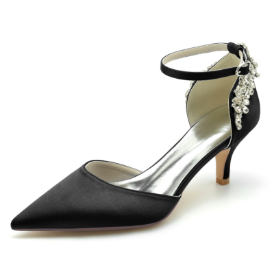 Black Satin Jeweled Ankle Strap D'orsay Heels Kitten Heel Pumps Shoes