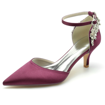 Burgundy Satin Jeweled Ankle Strap D'orsay Heels Kitten Heel Pumps Shoes