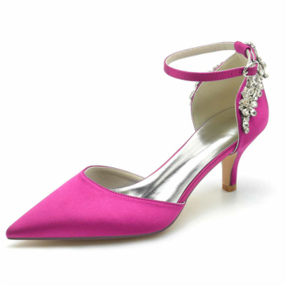 Magenta Satin Jeweled Ankle Strap D'orsay Heels Kitten Heel Pumps Shoes