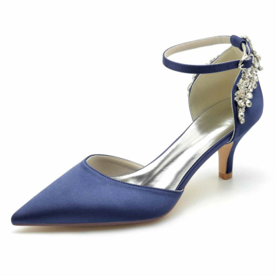 Navy Satin Jeweled Ankle Strap D'orsay Heels Kitten Heel Pumps Shoes