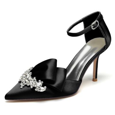 Black Satin Jeweled Bow D'orsay Pumps Ankle Strap Stiletto Heels For Wedding