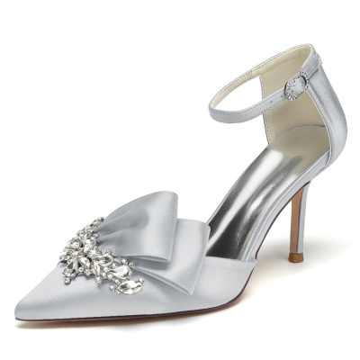 Silver Satin Jeweled Bow D'orsay Pumps Ankle Strap Stiletto Heels For Wedding