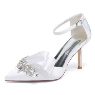 White Satin Jeweled Bow D'orsay Pumps Ankle Strap Stiletto Heels For Wedding
