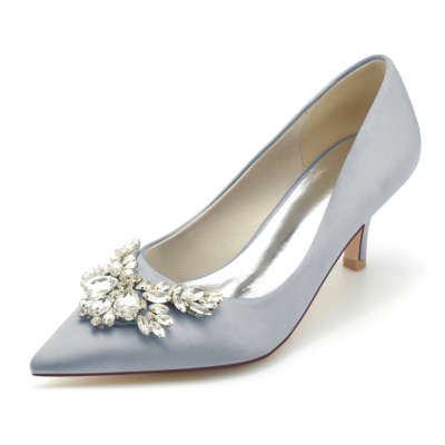 Grey Satin Jeweled Heels Wedding Pointed Toe Pumps Kitten Heel