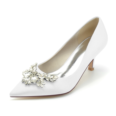 White Satin Jeweled Heels Wedding Pointed Toe Pumps Kitten Heel