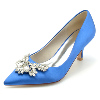 Royal Blue Satin Jeweled Heels Wedding Pointed Toe Pumps Kitten Heel