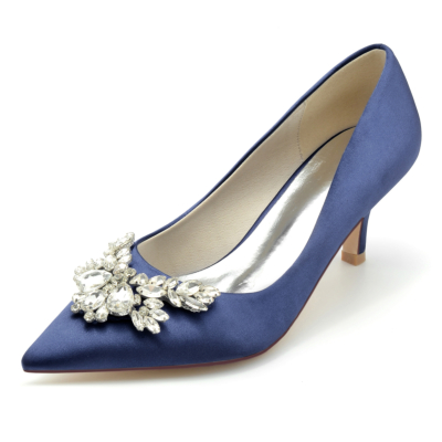 Dark Blue Satin Jeweled Heels Wedding Pointed Toe Pumps Kitten Heel