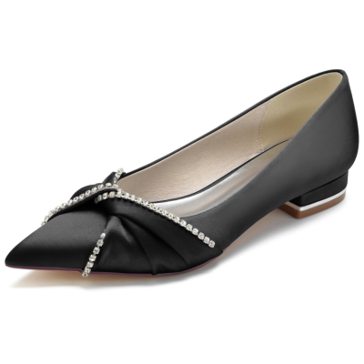 Black Satin Jewelled Knot Pumps Flats Shoes For Party