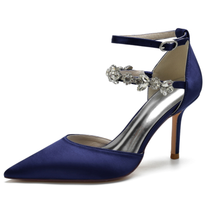 Navy Satin Jewelry Pointed Toe Stiletto Heel Ankle Strap Pumps Wedding Shoes
