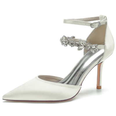 Ivory Satin Jewelry Pointed Toe Stiletto Heel Ankle Strap Pumps Wedding Shoes