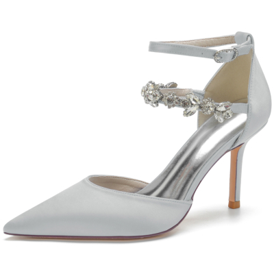 Silver Satin Jewelry Pointed Toe Stiletto Heel Ankle Strap Pumps Wedding Shoes