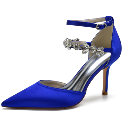 Royal Blue Satin Jewelry Pointed Toe Stiletto Heel Ankle Strap Pumps Wedding Shoes