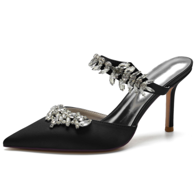 Black Satin Jewelry Pointed Toe Stiletto Heel Mule Sandals
