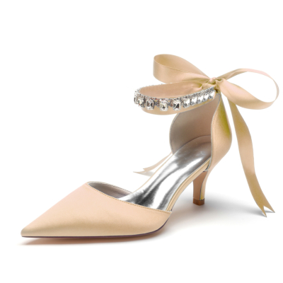 Champagne Satin Kitten Heel Pumps Bow D'orsay Shoes With Crystal Strap