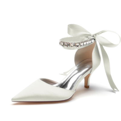 Ivory Satin Kitten Heel Pumps Bow D'orsay Shoes With Crystal Strap