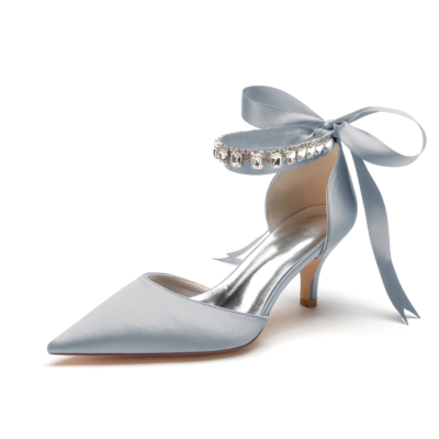 Grey Satin Kitten Heel Pumps Bow D'orsay Shoes With Crystal Strap