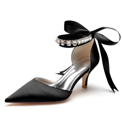 Black Satin Kitten Heel Pumps Bow D'orsay Shoes With Crystal Strap