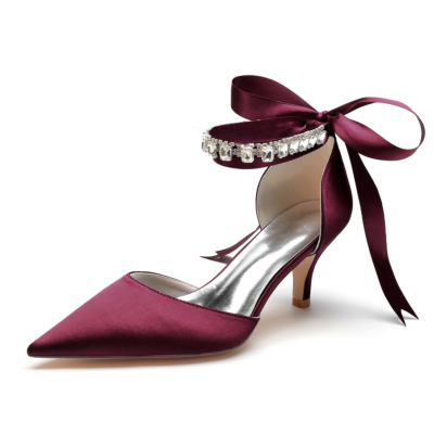 Burgundy Satin Kitten Heel Pumps Bow D'orsay Shoes With Crystal Strap