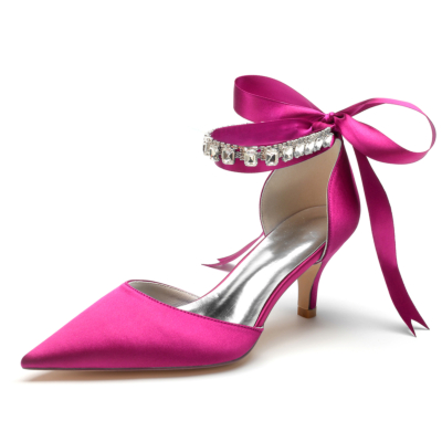 Magento Satin Kitten Heel Pumps Bow D'orsay Shoes With Crystal Strap