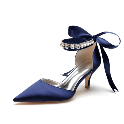 Navy Satin Kitten Heel Pumps Bow D'orsay Shoes With Crystal Strap