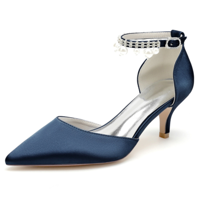 Dark Blue Satin Kitten Heels D'orsay Pumps With Pearl Ankle Strap Wedding Shoes