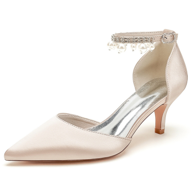 Champagne Satin Kitten Heels D'orsay Pumps With Pearl Ankle Strap Wedding Shoes