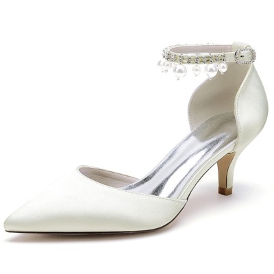 Beige Satin Kitten Heels D'orsay Pumps With Pearl Ankle Strap Wedding Shoes
