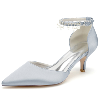 Grey Satin Kitten Heels D'orsay Pumps With Pearl Ankle Strap Wedding Shoes