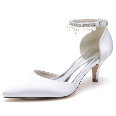 White Satin Kitten Heels D'orsay Pumps With Pearl Ankle Strap Wedding Shoes